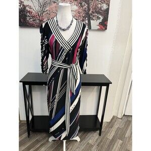 Ashley Stewart Women’s Midi Dress Size 14/16 V Neck 3/4 Sleeve Striped With Tie